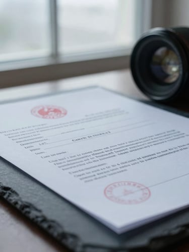 Macro close-up of a redacted legal court summons on a dark slate desk, cool overcast window light, sharp focus on legal stamps, 35mm lens.