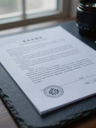 Close-up macro shot of redacted legal summons documents on a dark slate desk, cool natural window light, muted navy tones, sharp focus on court stamps, 35mm lens.