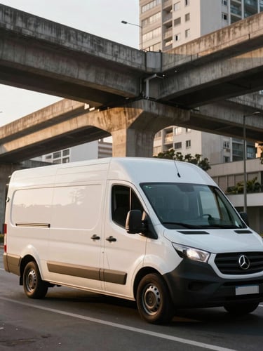 High-contrast wide shot of a modern clean urban cargo van driving through a São Paulo avenue during early morning golden hour, heavy concrete viaducts in the background.