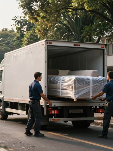 Wide shot of a clean, modern moving truck parked on a tree-lined street in São Paulo, early morning light, professional movers loading a carefully wrapped sofa.