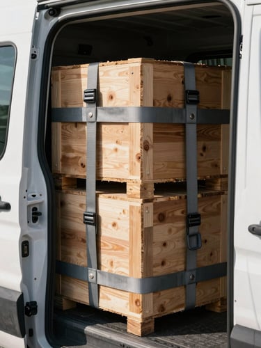 Close-up of industrial safety straps securing heavy wooden cargo crates inside a transport van, sharp morning light filtering through the side door.