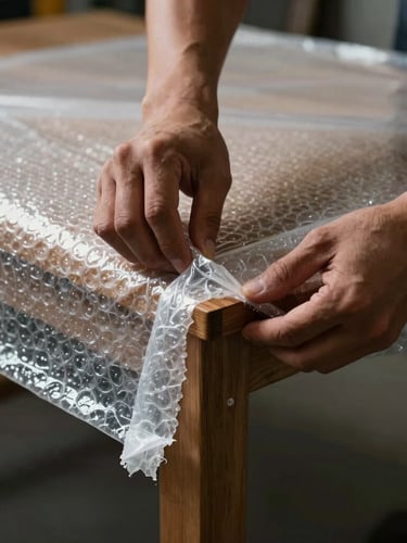 Close-up of a mover's hands securing thick protective bubble wrap around a wooden table corner, high-contrast industrial lighting.