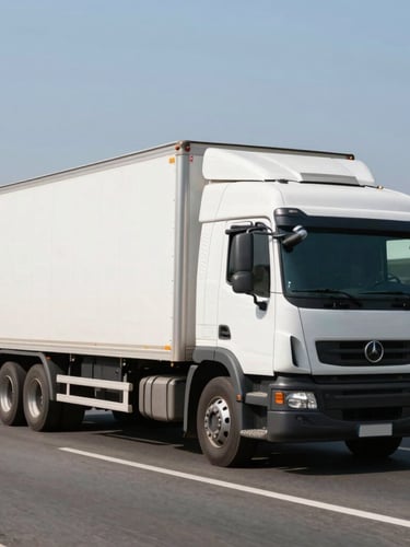 A clean white box truck driving on the Marginal Pinheiros highway in São Paulo during bright daylight, clear sky, dynamic composition.