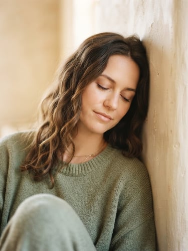 A woman wearing a relaxed-fit sage cotton sweater, resting her head against a soft cream plaster wall in gentle morning light, warm editorial photography, shallow depth of field.