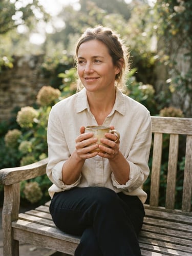 A woman sitting on a sunlit wooden bench, wearing a soft cream linen shirt, holding a warm ceramic mug in both hands, shallow depth of field, natural morning light.