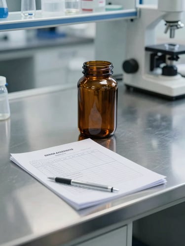 Clean modern laboratory setting with a stainless steel counter holding a sealed amber glass jar and a digital testing report.