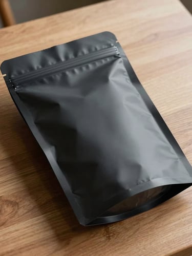 A high-end, matte-finish sealed package resting on a clean wooden table, soft natural side lighting, minimalist design.