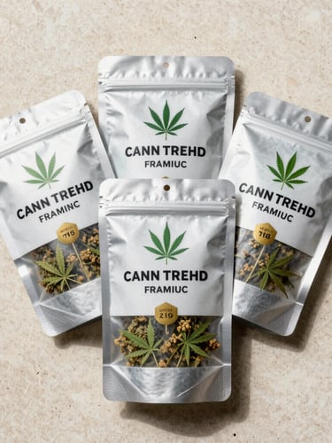 A precise, symmetrical overhead shot of sealed premium cannabis packaging on a clean, light stone surface under soft natural daylight.