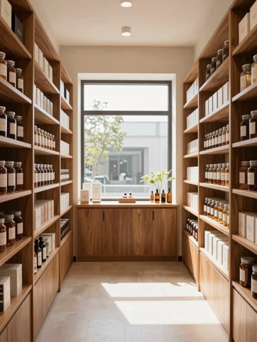 Precise, symmetrical wide shot of a clean, well-lit modern apothecary storefront interior. Warm wood shelves lined with neatly organized glass jars and sealed premium packaging. Soft, natural daylight streaming through a large window, creating a calm, professional atmosphere. No people, no smoke.