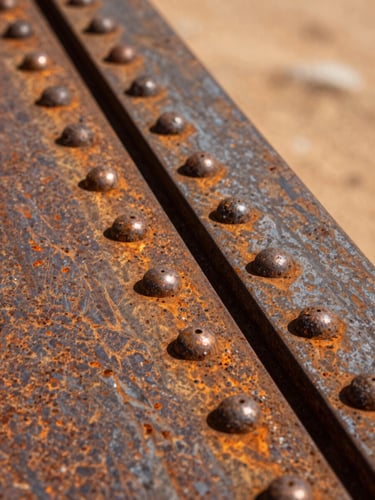 Extreme close-up of rusted steel plates and weathered copper rivets under high-contrast desert midday sun