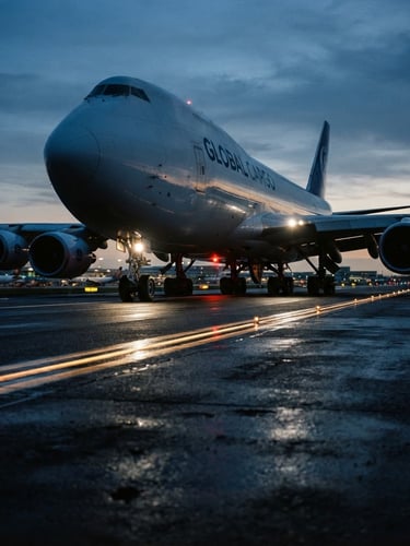 Dynamic low-angle shot of a modern cargo aircraft on the runway at twilight, cool blue ambient light with sharp gold runway markers, 35mm