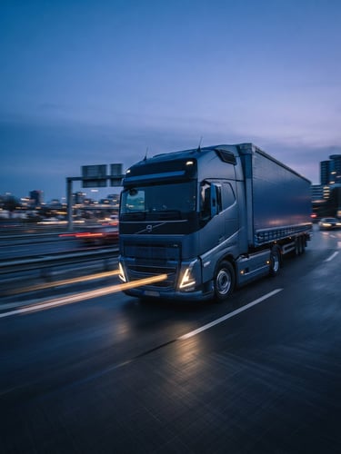 Sleek modern logistics truck in motion on a highway at twilight, cool ambient light with gold headlamp streaks, dynamic low-angle 35mm