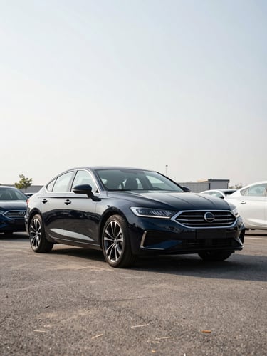 Wide environmental shot of a dark navy sedan parked on an open dealer lot under bright overcast daylight, photographed at a 3/4 front angle, crisp shadows, neutral asphalt ground, no people, no signage visible in frame