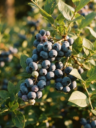 Close-up of sun-dappled blueberry clusters on the branch, dusty-blue berries with green leaves, warm golden-hour sunlight, shallow depth of field, 35mm film