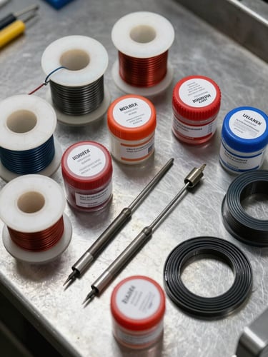 Tight overhead shot of solder wire spools, flux jars, and desoldering wick reels arranged on a steel worktop under tungsten light, labels facing up, no styling