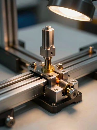 Close-up of a precision PCB assembly fixture clamped to an industrial rig, tungsten shop light raking across machined aluminium joints and fastening bolts, left-edge composition with steel and warm brass tones, assembly floor visible in shallow background