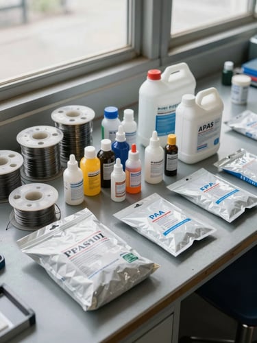 Overhead shot of electronics consumables laid out on a grey steel workbench—solder wire reels, flux bottles, IPA gallon jugs, and ESD bags arranged in a flat working layout, north-facing daylight from industrial windows, no shadows