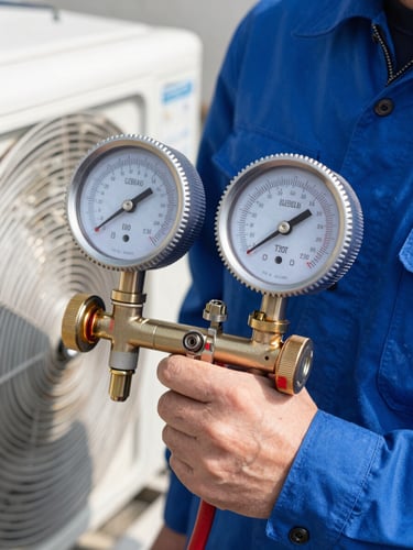 Close-up of a professional technician in a clean blue uniform using a digital manifold gauge to measure AC pressure, bright daylight, high contrast
