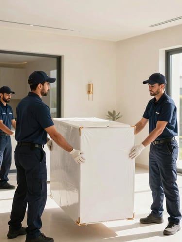 Bright editorial photography of a professional moving crew in clean navy uniforms carefully packing a modern Dubai villa interior, warm natural light, 35mm lens