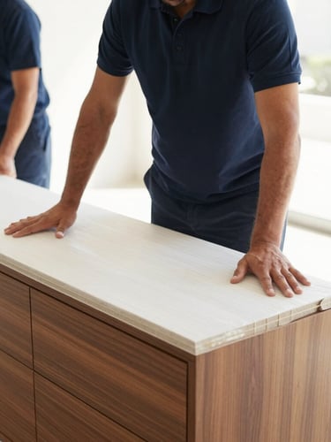Close-up action shot of a professional mover in a clean navy uniform carefully wrapping a premium wooden sideboard with protective layers, bright natural UAE lighting, professional moving crew