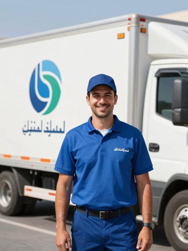 A professional, uniformed moving crew member smiling warmly in front of a clean, branded moving truck, bright Dubai sunlight, sharp focus, 35mm lens