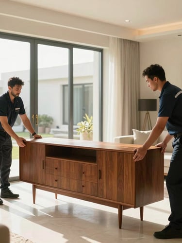 Bright editorial photography of a professional uniformed moving crew carefully wrapping a high-end mid-century modern sideboard inside a luxury Dubai villa, warm natural UAE sunlight streaming through large windows.