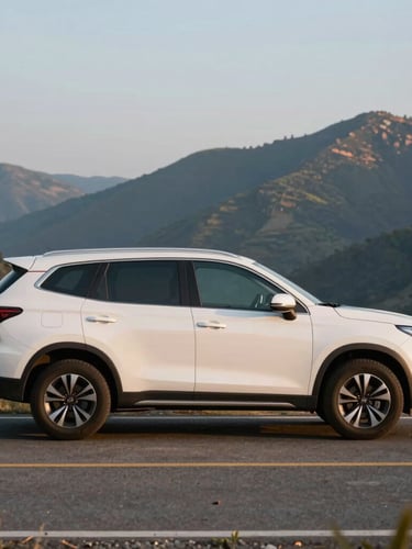 Side view of a spotless white multi-utility vehicle parked on a scenic mountain road during golden hour, clear soft light, spacious background