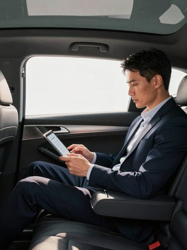 A medium shot of a spotless premium SUV cabin interior, a businessman working on a tablet in spacious rear seats under bright morning light.