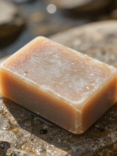 Close-up of a textured solid shampoo bar resting on a damp river stone, natural morning light casting soft shadows, warm editorial photography style.