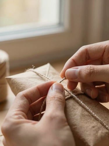 Hands carefully stitching a rustic kraft paper package with thick cotton thread, soft golden hour window light, warm earthy tones, macro texture.