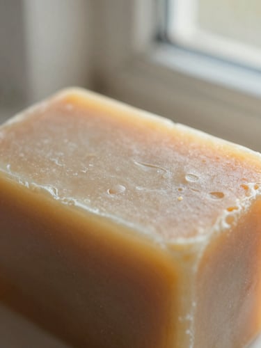Macro texture of a solid shampoo bar with natural imperfections under warm natural window light, soft focus, organic details.