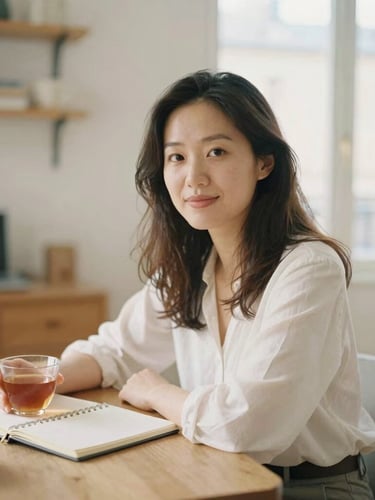 Warm editorial portrait of a female founder in a light-filled Parisian apartment, sitting near a wooden table with a notebook and tea, soft morning light, gentle pastel tones, shallow depth of field.