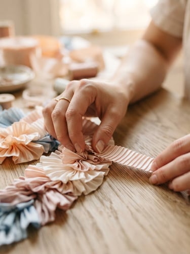 Macro close-up of hands carefully arranging pleated satin ribbons on a light wooden desk under soft diffused morning window light.