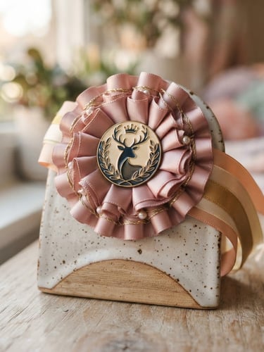 Macro close-up of a hand-pleated satin rosette holding an elegant character badge, sitting on a custom-fired ceramic display stand, soft morning window light, shallow depth of field