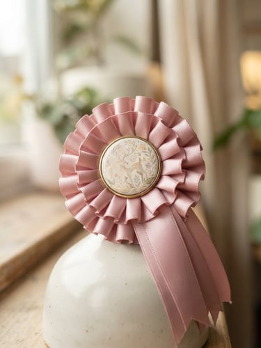 Macro close-up of a hand-pleated satin rosette holding an elegant character badge, resting on a smooth ceramic stand, soft morning window light, shallow depth of field, pastel tones.