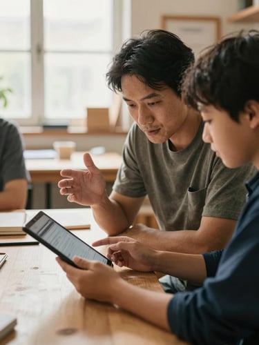 A candid medium-close shot of a mentor and a mentee reviewing a tablet screen in a sunlit community workshop, hands gesturing, warm natural light, shallow depth of field, 35mm