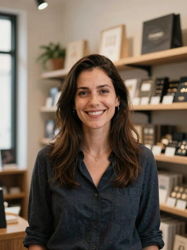 Portrait of a successful entrepreneur, a former mentee, in their thriving digital storefront, warm natural light, rich authentic tones, candid framing, shallow depth of field, 35mm