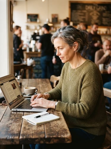 Local entrepreneur, a woman in her 40s, working on a laptop at a rustic wooden table in her bustling community cafe. Warm natural window light, candid framing, shallow depth of field, 35mm.