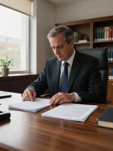 Medium-shot environmental frame of a lawyer at a wide wooden desk in a structured corner office, natural north-facing daylight through tall windows, reviewing a thick document with one hand resting on the page — no eye contact with camera, face turned toward the papers, bookshelves visible in background as evidence of establishment