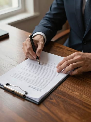 Close environmental shot of a lawyer's hands reviewing a contract on a polished mahogany desk, a legal pad with precise handwritten notes visible beside the document, natural north-facing window light from the left casting soft shadows, no face in frame