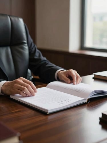 Medium environmental shot from the right edge: a lawyer's hands resting on an open case file on a dark mahogany desk in a professional office, natural daylight from a window off-frame right, leather chair visible, no faces, depth and institutional gravitas in the setting