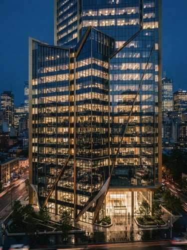 Wide panoramic view of a modern high-rise office building facade at dusk, reflecting city lights, with sharp architectural lines and subtle brushed gold accents, moody corporate lighting, 35mm