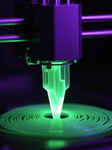 Macro close-up of a glowing 3D printer nozzle extruding toxic green filament, low-key lighting, neon purple rim light, high contrast, sharp details, 35mm