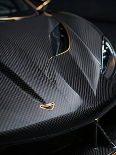 Extreme close-up of a carbon fiber weave on a supercar splitter, dramatic low-key studio lighting, metallic gold rim accents, shallow depth of field, 35mm anamorphic