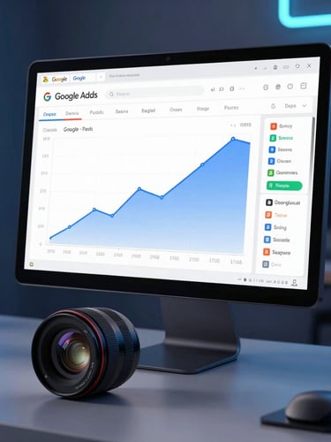 Sleek tech photography, cool studio lighting with neon blue accents, sharp focus, high-end monitor displaying clean Google Ads analytics dashboard with rising charts, modern workspace aesthetic, 35mm lens