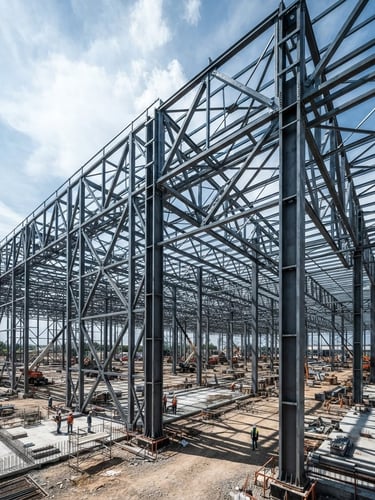 Wide angle architectural shot of a massive steel framework of an industrial logistics center under construction, high-contrast daylight, cool metallic tones