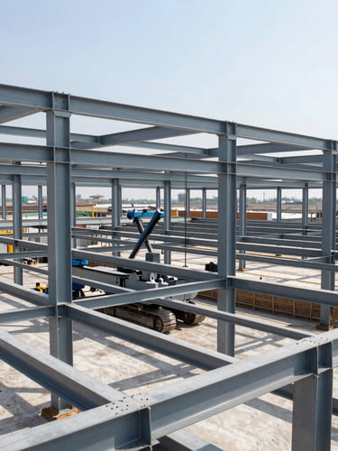 Wide architectural shot of a complex steel framework site, crisp high-contrast daylight, deep shadows, cool metallic tones, emphasizing massive structural joints and heavy machinery in operation.