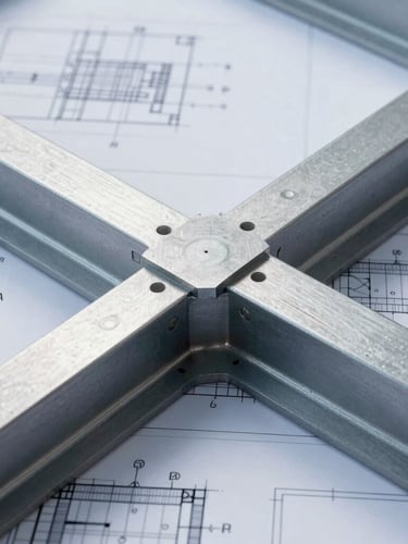 Macro shot of precise engineering blueprints overlaid on a heavy structural steel joint, crisp industrial lighting, cool metallic tones