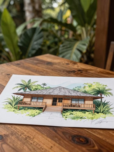 Architectural sketch of an eco-lodge overlaying a physical teak wood table, warm tropical daylight, rich organic tones with deep greens, crisp medium format.