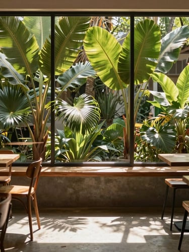 Warm editorial photography of a modern minimalist cafe interior, sunlight casting soft architectural shadows across a concrete floor, rich tropical foliage visible outside the large window, crisp medium format.